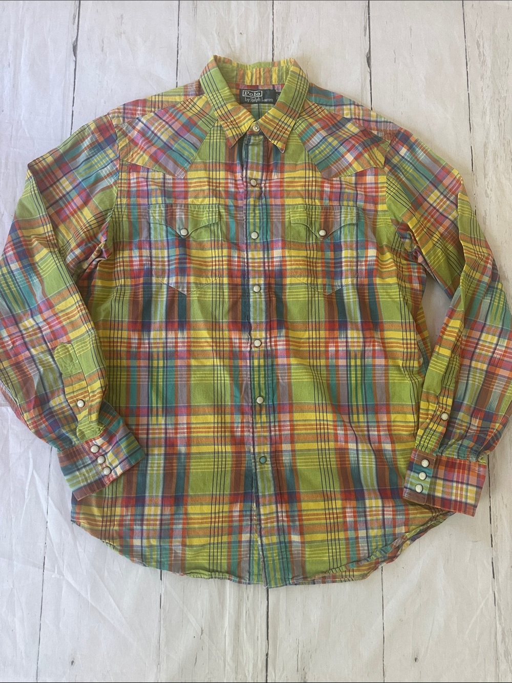 Polo Ralph Lauren Vintage Style Plaid Western Shirt Pearl snaps men’s large